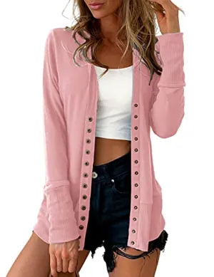 Traleubie Women's Long Sleeve V-Neck Maternity Button Down Shirts Cardigan Sweater Pink M