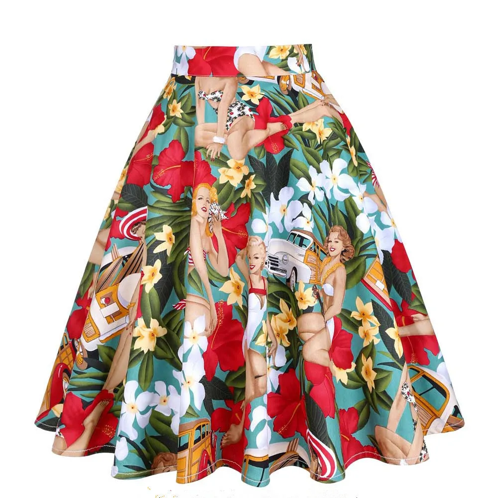 Trendy Summer Women Vintage Printed High Waist Skirt Flare Hot Selling Europe Skirt