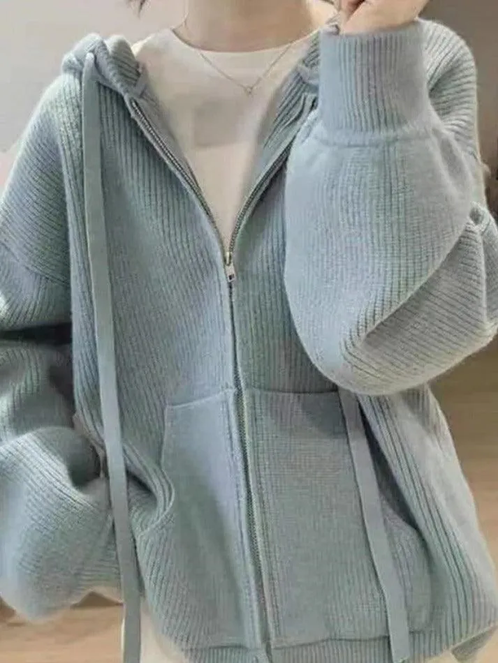 Wenkouban-Spring Casual Outfits Y2K Outfits Solid Hooded Zip Up Knit Cardigan