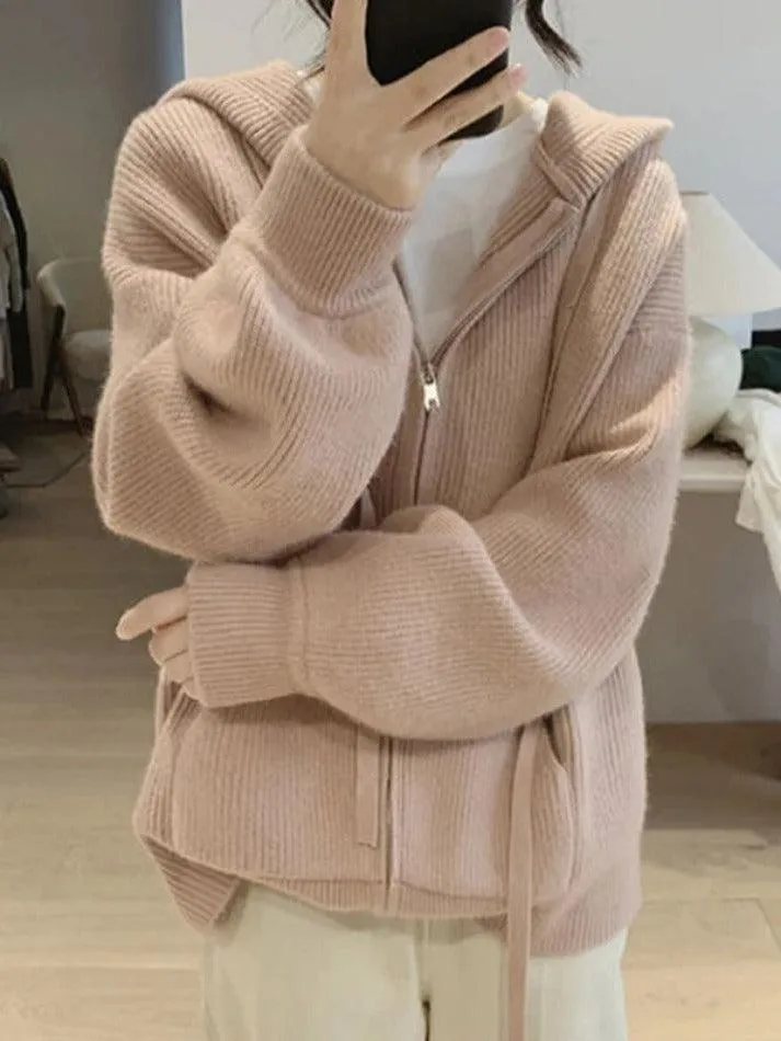 Wenkouban-Spring Casual Outfits Y2K Outfits Solid Hooded Zip Up Knit Cardigan