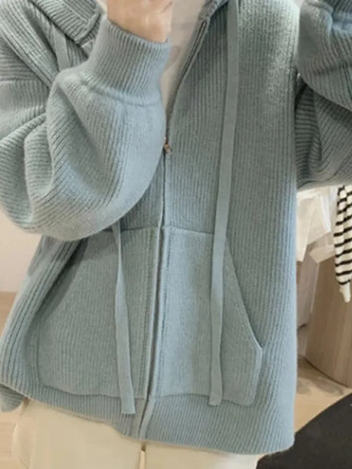Wenkouban-Spring Casual Outfits Y2K Outfits Solid Hooded Zip Up Knit Cardigan