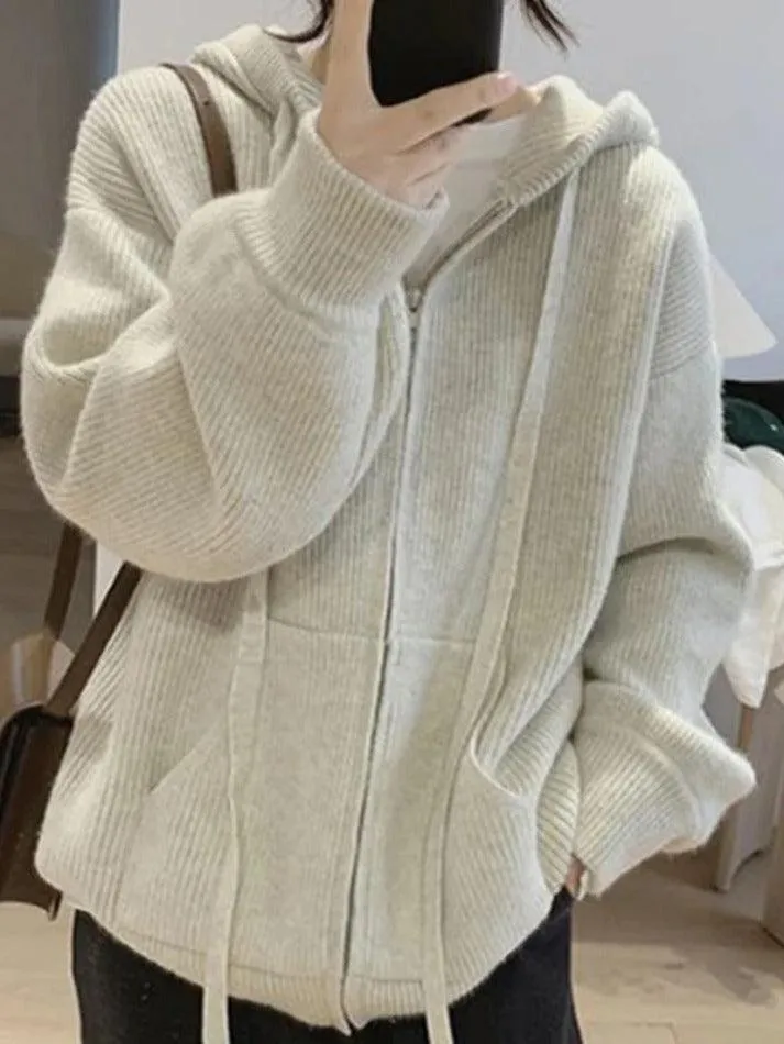 Wenkouban-Spring Casual Outfits Y2K Outfits Solid Hooded Zip Up Knit Cardigan