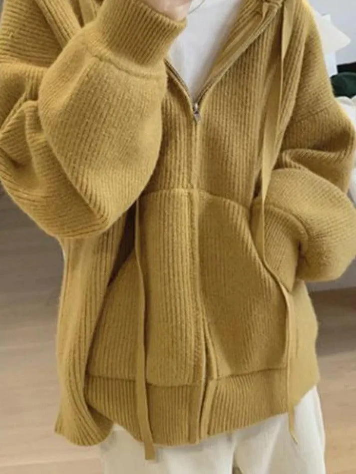 Wenkouban-Spring Casual Outfits Y2K Outfits Solid Hooded Zip Up Knit Cardigan