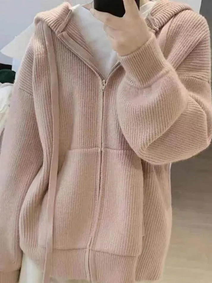 Wenkouban-Spring Casual Outfits Y2K Outfits Solid Hooded Zip Up Knit Cardigan
