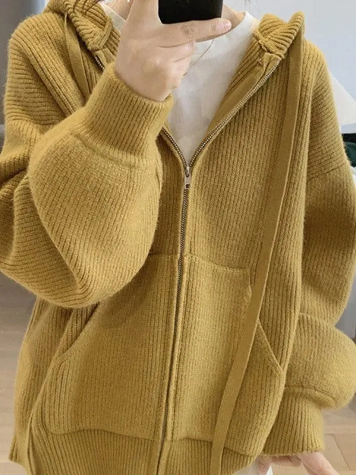 Wenkouban-Spring Casual Outfits Y2K Outfits Solid Hooded Zip Up Knit Cardigan