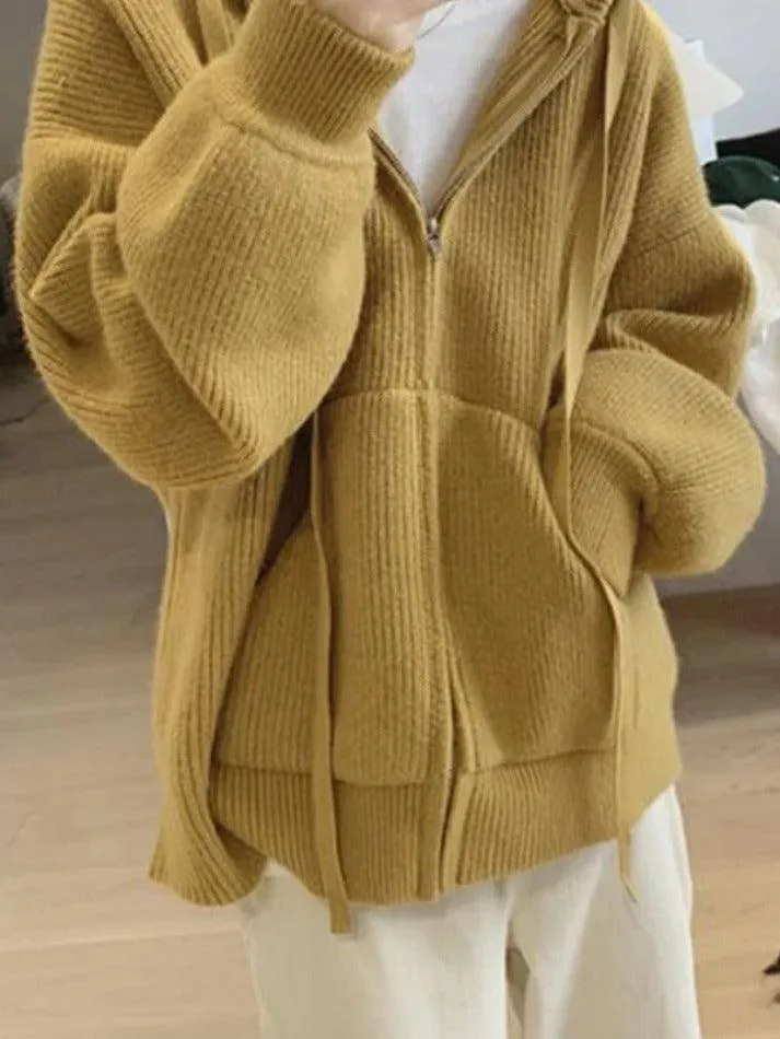 Wenkouban-Spring Casual Outfits Y2K Outfits Solid Hooded Zip Up Knit Cardigan