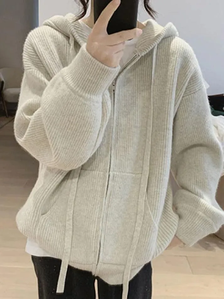 Wenkouban-Spring Casual Outfits Y2K Outfits Solid Hooded Zip Up Knit Cardigan