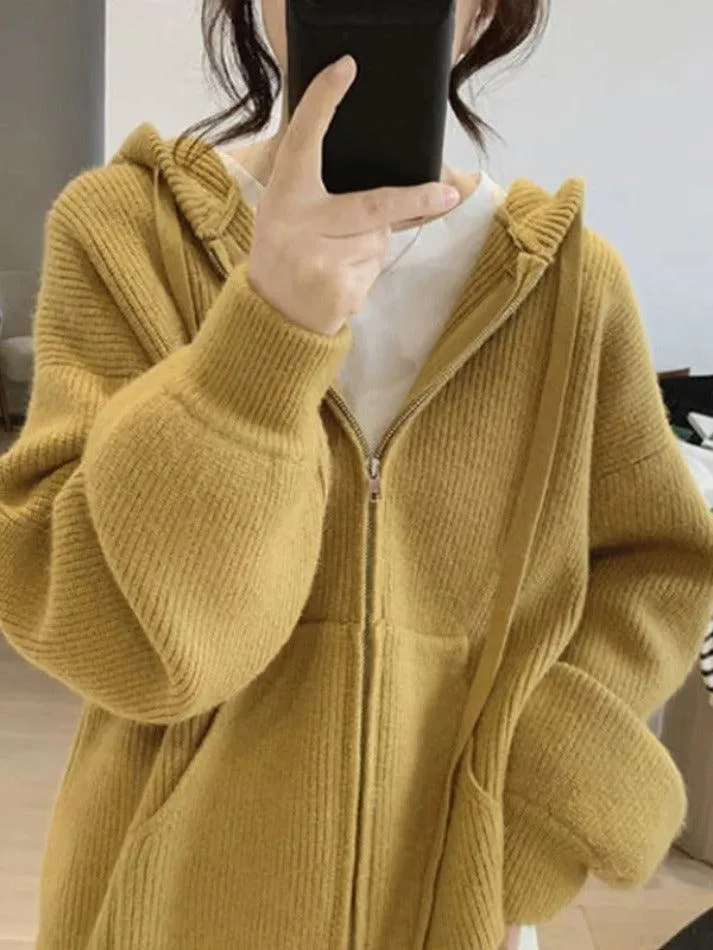 Wenkouban-Spring Casual Outfits Y2K Outfits Solid Hooded Zip Up Knit Cardigan