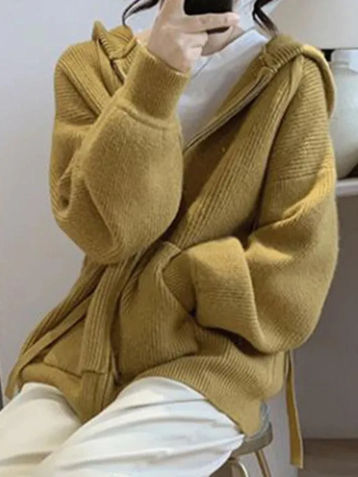 Wenkouban-Spring Casual Outfits Y2K Outfits Solid Hooded Zip Up Knit Cardigan