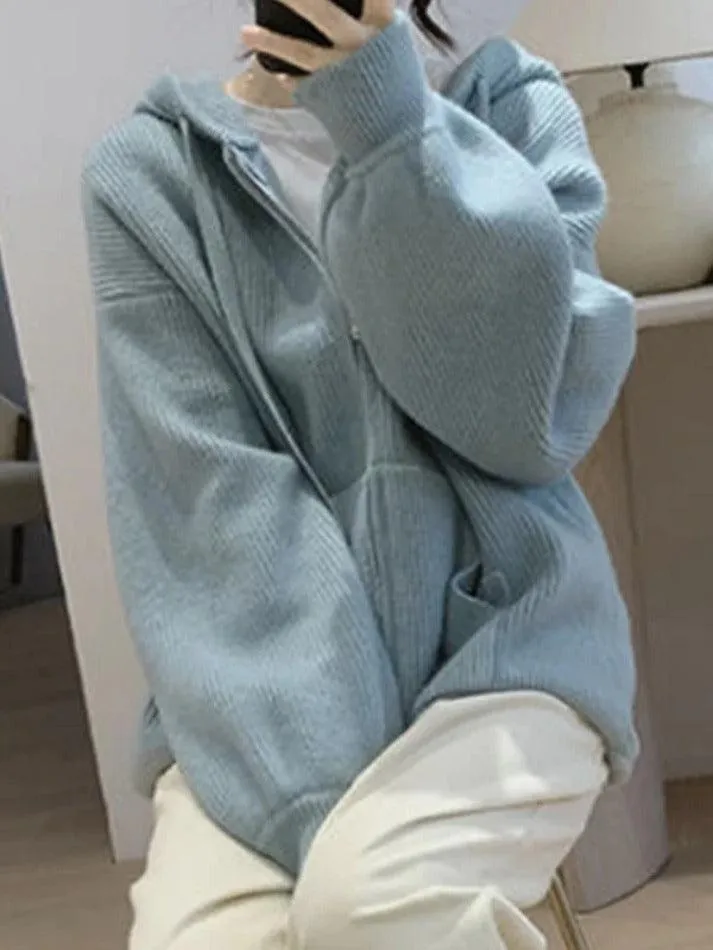 Wenkouban-Spring Casual Outfits Y2K Outfits Solid Hooded Zip Up Knit Cardigan