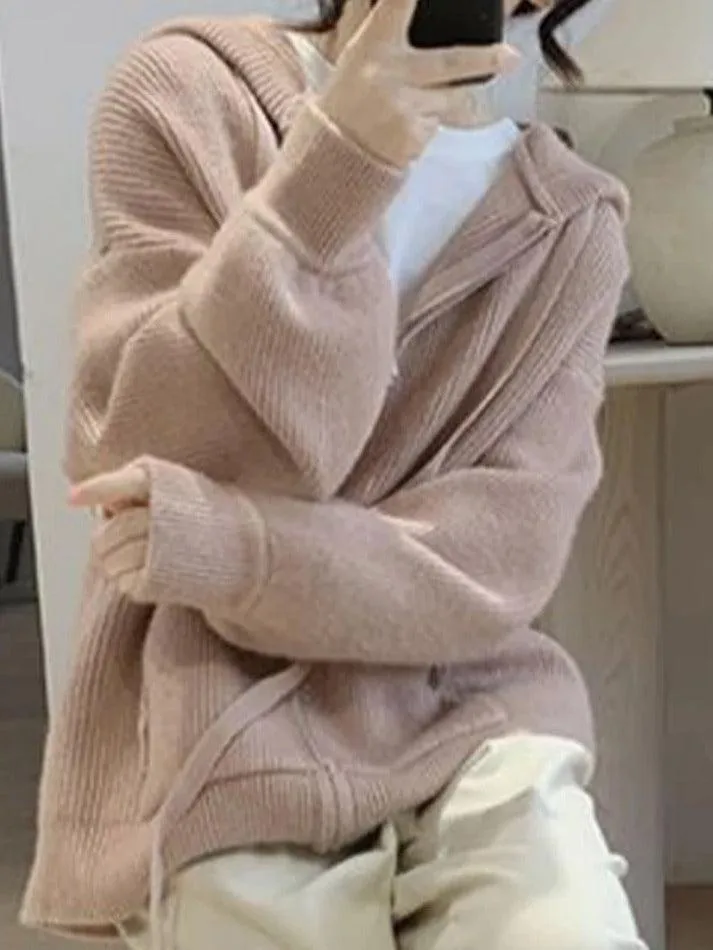 Wenkouban-Spring Casual Outfits Y2K Outfits Solid Hooded Zip Up Knit Cardigan