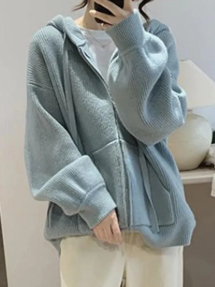 Wenkouban-Spring Casual Outfits Y2K Outfits Solid Hooded Zip Up Knit Cardigan